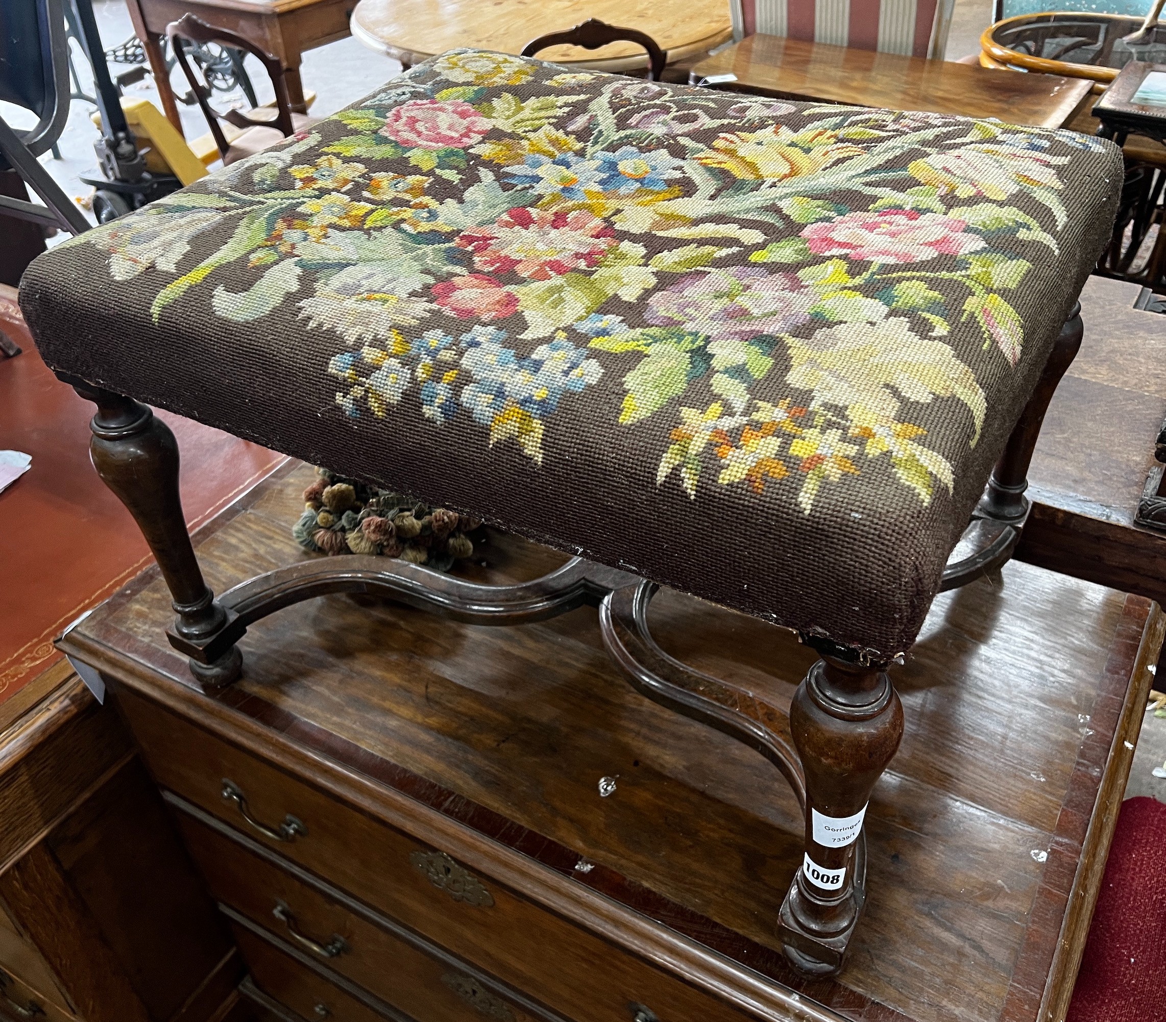 A William & Mary style walnut stool, with 'X' shaped understretcher, length 65cm, width 53cm, height 44cm